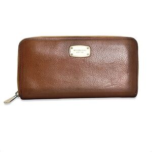 Michael Kors Large Zip Around Wallet Brown Pebbled Leather Gold Tone Continental